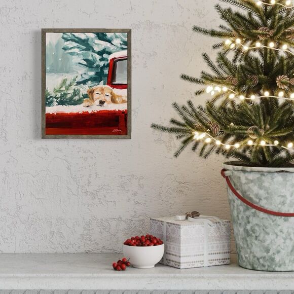 Original Oil Painting Landscape Christmas Golden Retriever Red Truck 8x10 Signed - Picture 6 of 6